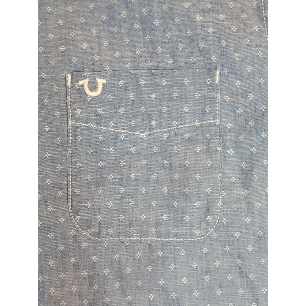 True Religion Button Down Shirt Mens M Blue Excellent Geometric Print Cotton